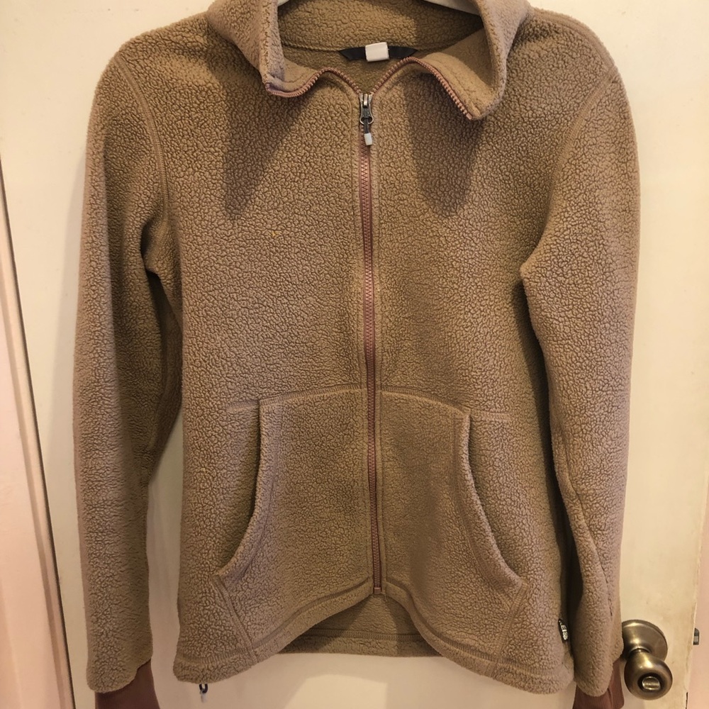 REI cozy fuzzy neutral tan zip sweater